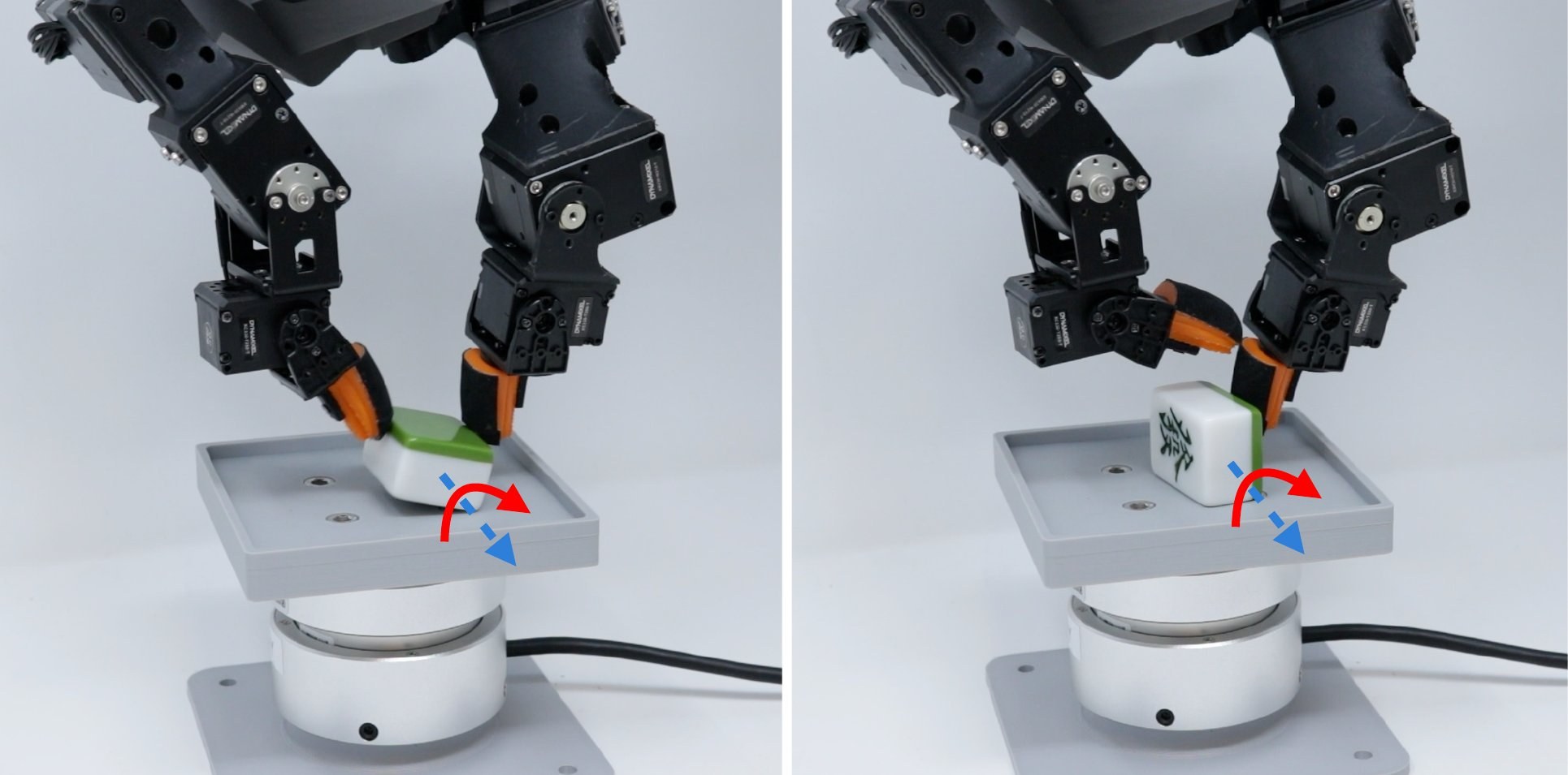 Two frames of the DITTO hand flipping a mahjong tile on a platform mounted on a force-torque sensor; arrows mark the flip direction.