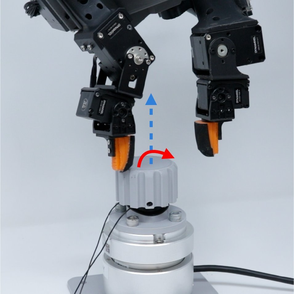 The DITTO hand gripping a ratchet mounted on a force-torque sensor; arrows mark the turning direction.